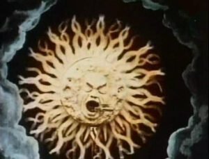 The Sun swallows the flying train in The Impossible Voyage